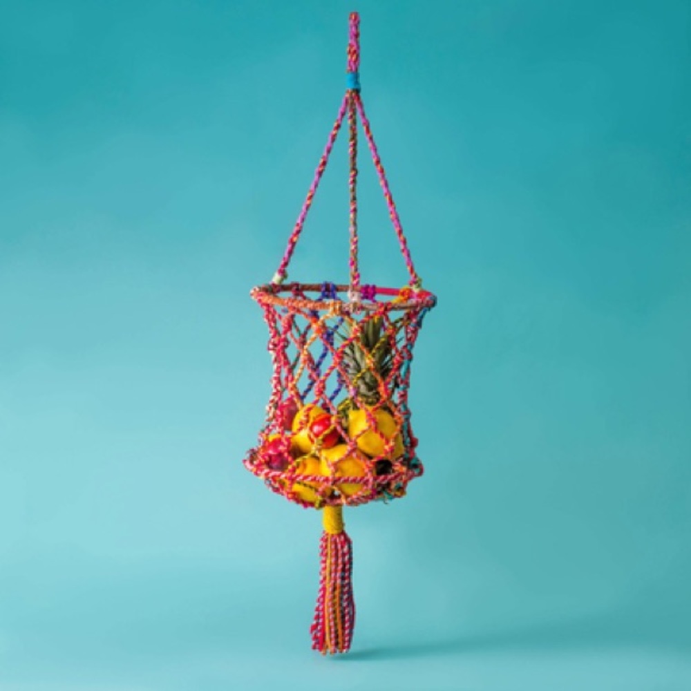 Macrame Hanging Fruit Basket Gorgeous Colourful Boho Upcycled Sari Fabric